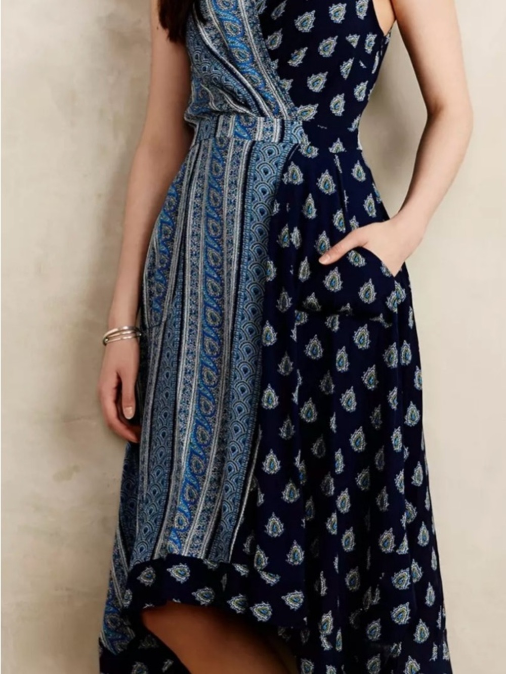 Maeve Navy and Blue Paisley High-Low Wrap Dress